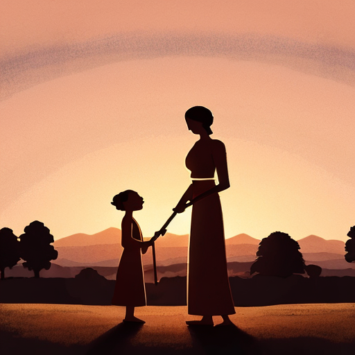 Animated scene of Suliemen Ata handing the child to the mother, standing tall with wooden staff, sunset golden light, serene and symbolic atmosphere, village in the background, warm colors, justice and wisdom symbolized, hand-drawn animation style, cinematic composition, highly detailed
