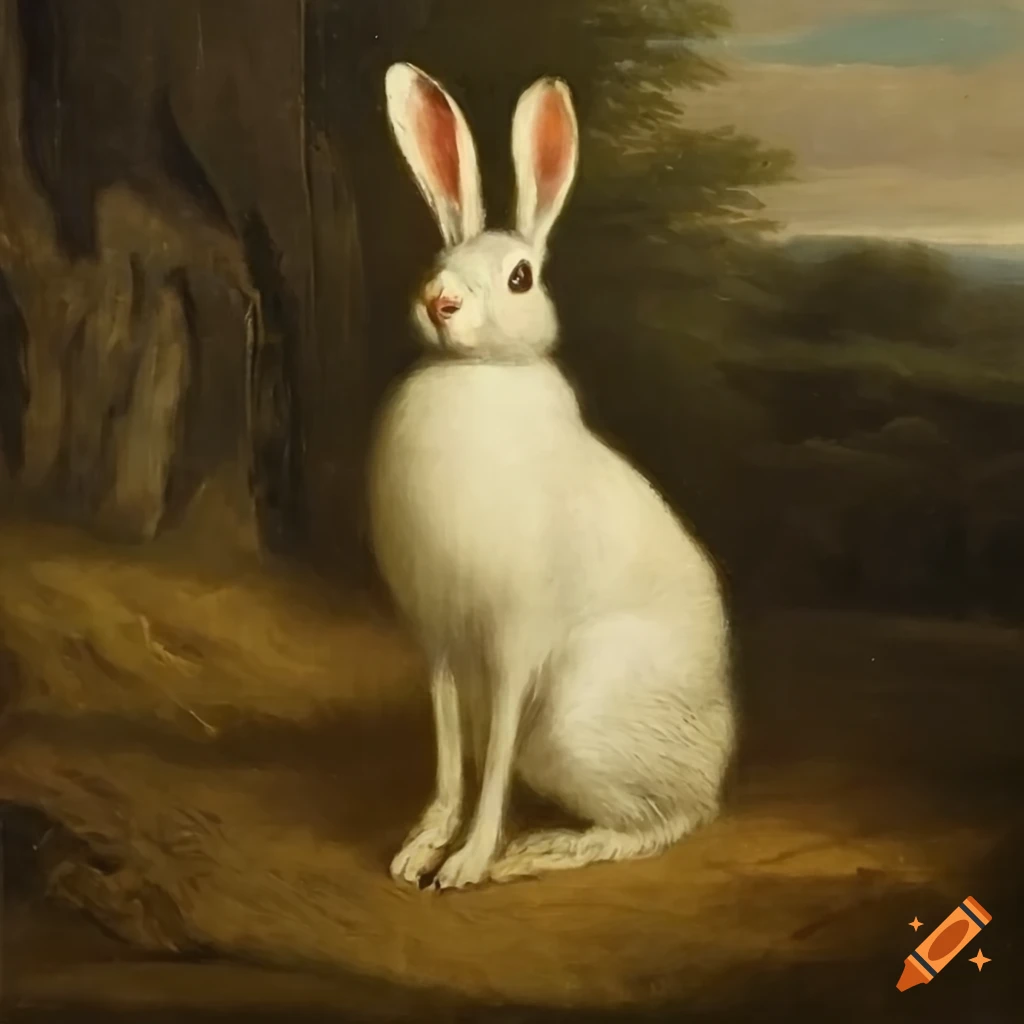 1800s oil painting portrait of a white hare in a landscape