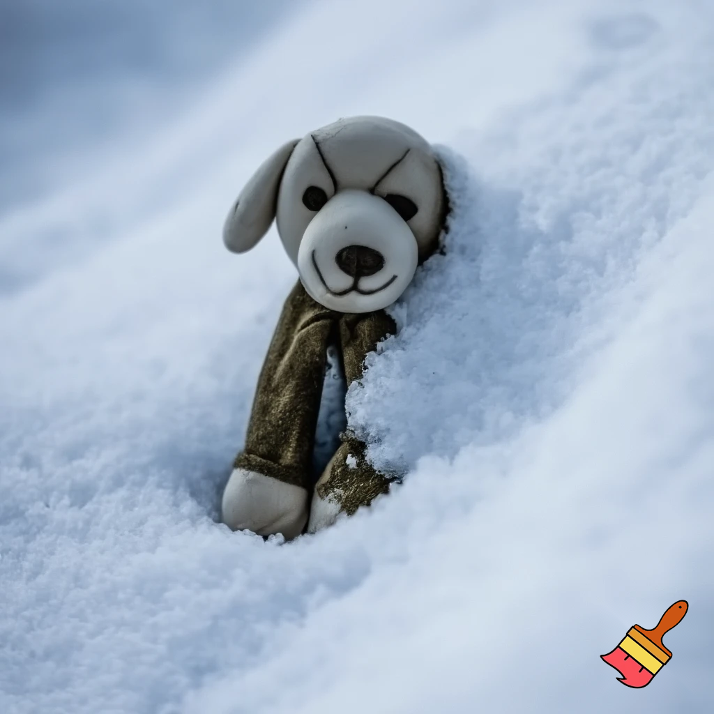  a dog stuffed animal with the stuffing still inside and he’s getting buried in very, very deep snow