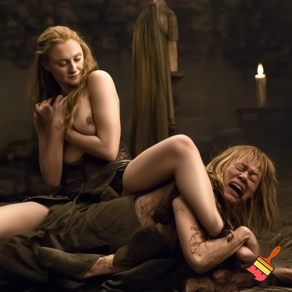 Sophie Turner and Cersei Lannister are fighting in a hut. Cersei Lannister is  sitting astride Sophie , pinning her to the ground. Both are naked
,squeezing their bodies toghether

