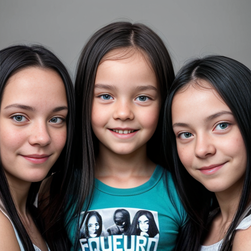 create a family photo with a mom whos  26 years old  and make her have black long hair with light blue eyes. with her boy triplets 2 years old with black hair and green eyes and then with her triplet daughters who are 16 make them have blue eyes with black long hair 