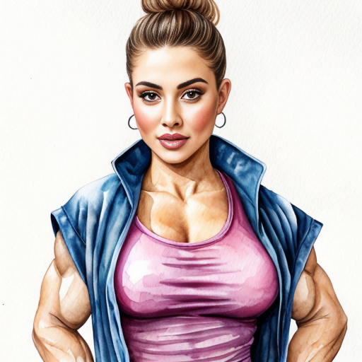 Tomboyish girl with huge muscles, Clipped Pixie haircut, round face with a defined jawline, thick and muscular neck and large and rounded breasts in unbuttoned jacket over blue T-shirt 