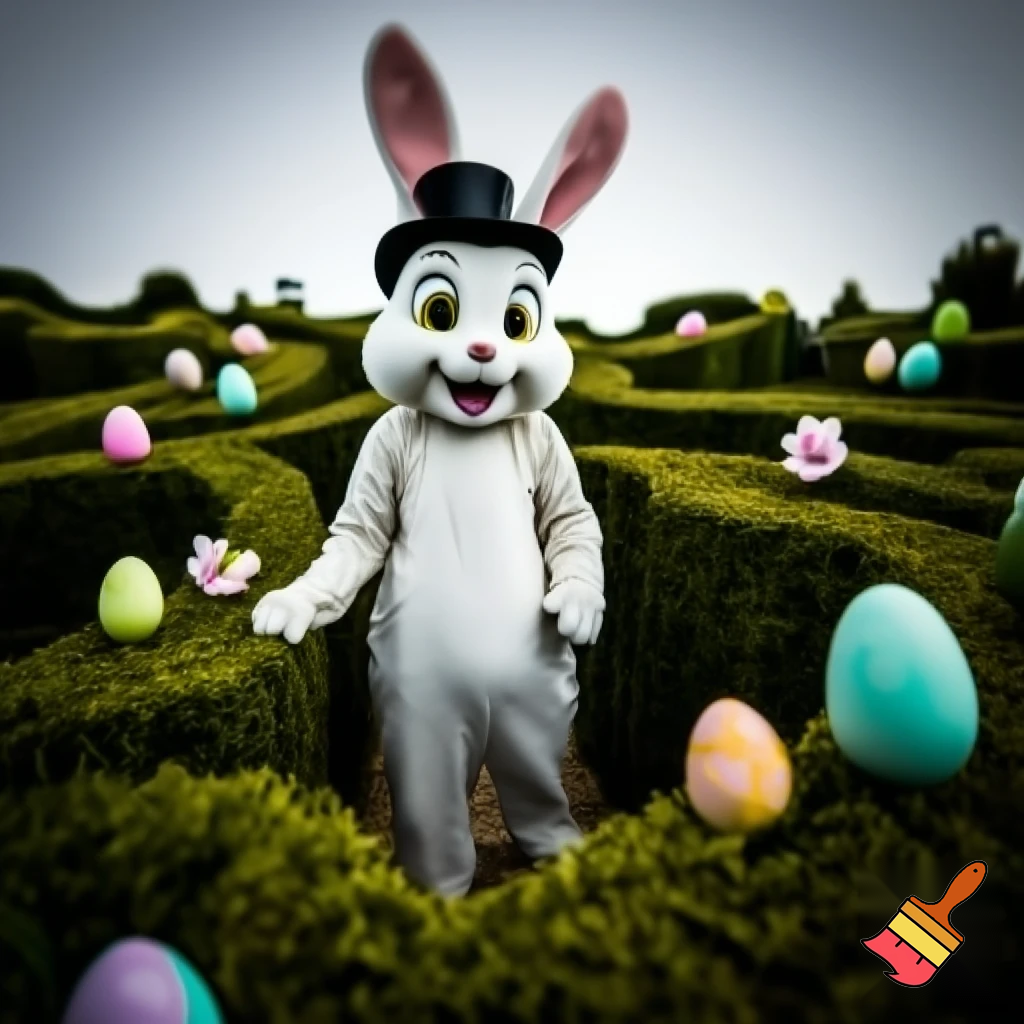 Easter bunny mascot with the top hat costume Easter bunnies maze house