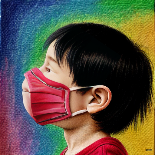 in an 8.5 by 11 inches size of canvass a crayon artwork of a kid with black hair in a side view looking upward holding a theater mask covering the half side of his face