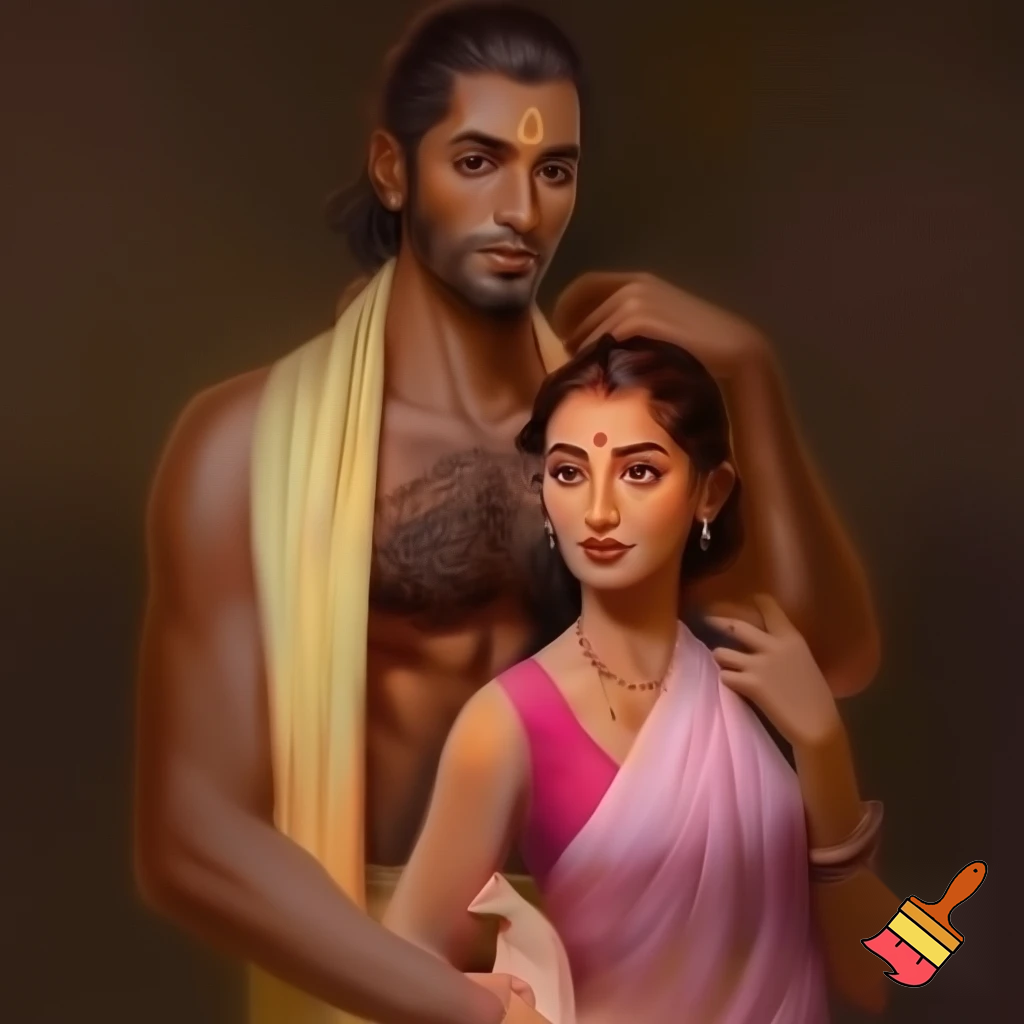 young, tall, brown-skinned, lean, broad shouldered, muscular husband with thin beard and moustache, and with adequate body hair on chest, shoulders, and legs, and sporting thin-line saffron vermilion mark on his forehead, and wearing pale yellow towel; young, fair-skinned, extremely beautiful, wife wearing pink saree with pink sleeveless blouse, wearing red dot vermilion mark on her forehead, and wearing necklace and bangles; husband standing behind wife. 