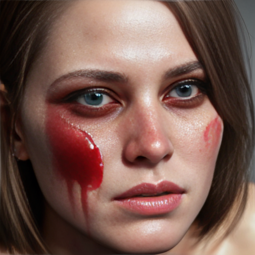 creepy woman with blood on right side of face