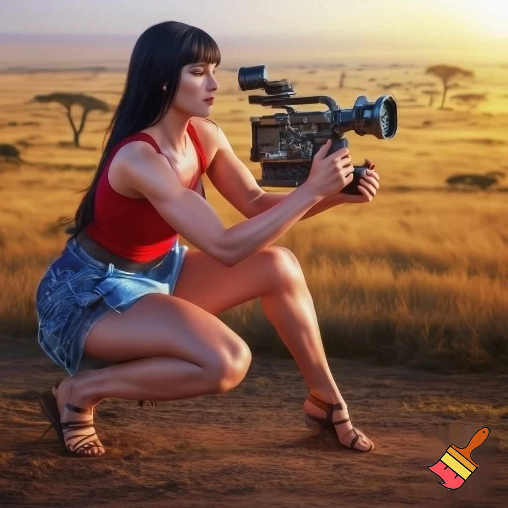 A cute and muscular black-long-and-side-swept-banged-haired fair white woman with arriflex digital camera and wearing red tank top and woman's blue short jeans and putting the sandals on her feet is filmming the plains of the Serengeti in Tanzania.