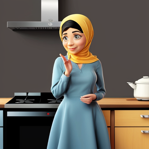 Мультяшный стиль Pixar, персонаж стоит у плиты, жест приготовления, мультяшные черты, большие выразительные глаза, мусульманская женщина 35-40 лет, полностью покрыта широким голубым платьем, платок закрывает все волосы, скромный вид, серый фон, постоянный персонаж, простой мультяшный стиль, кинематографическое освещение