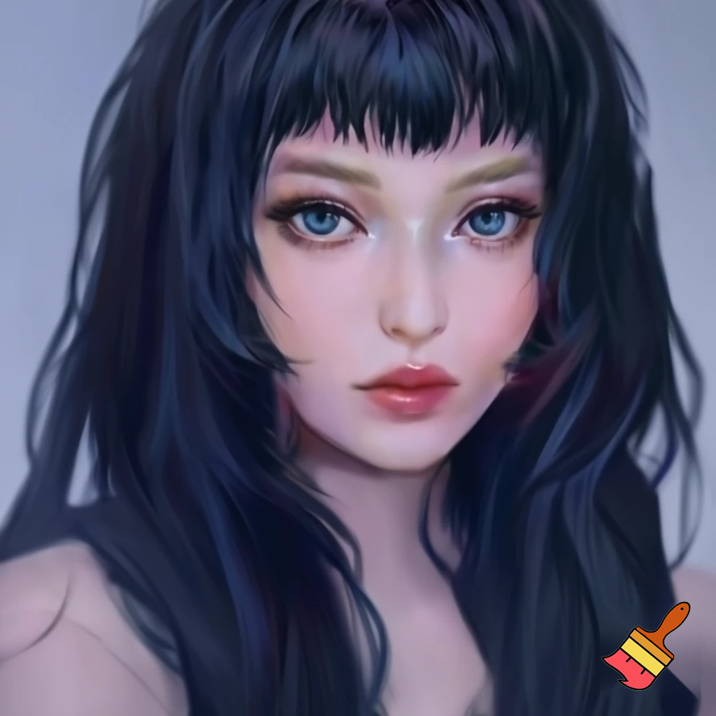 Female lead manhwa long black straight hair , ocean blue eyes, white skin ,red lips no lighting and no make up less realistic 
