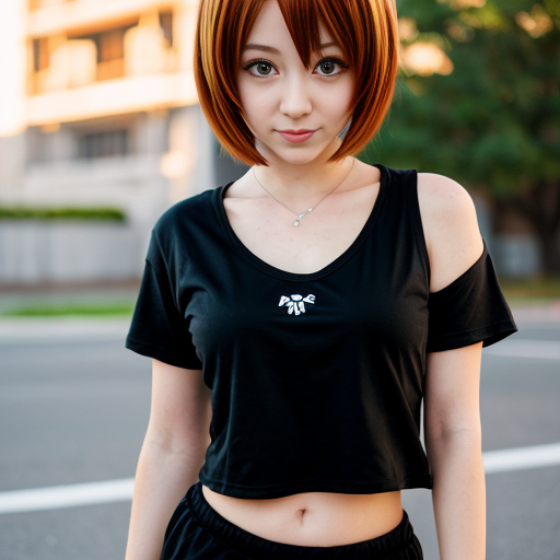 brown-red haired anime girl with a flat chest, kandi, black sweatpants, a black t-shirt, wolf cut hair, brown eyes