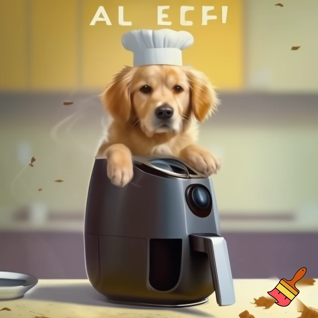 Ein Albumcover für einen Song namens (Airf)Ryan. Es ist ein Song über einen Hund, der süchtig nach Tee ist und ständig mit einem Airfryer verwechselt wird. Es soll im Comic-Stil sein, aber nicht zu übertrieben. Auf dem Cover soll nur der Songtitel stehen, kein weiterer Text