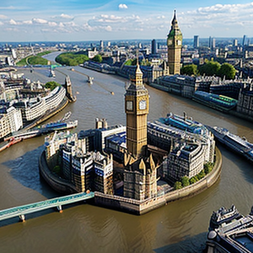 Aerial view of British and English city of London with Palace of Westminster, Big Ben, River Thames, sci-fi futuristic buildings, sci-fi futuristic skyscrapers and blue sky in 2625.