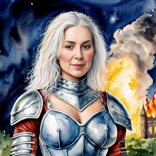 young, tall, white-haired woman in armor stands in front of a burning castle into which meteorites are falling.