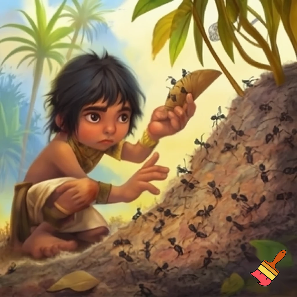 an Aztec boy playing eating ants out of an ant hill and putting them on a tortilla.
