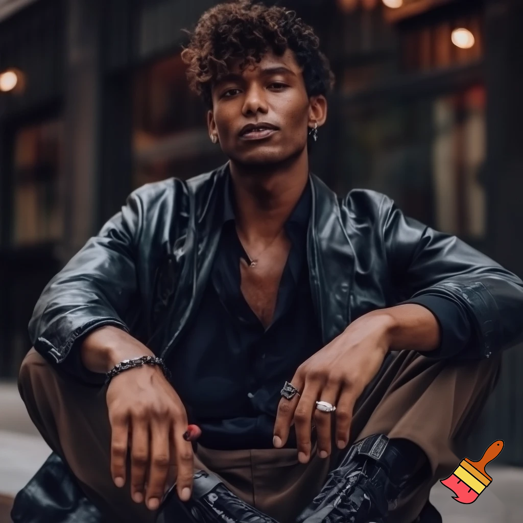 Generate an image of a tall, scrawny man with radiant, polished wood-toned skin. He has curly black coffee hair, styled slightly messy, and sharp, masculine features. His expression is gentle and thoughtful, hinting at inner turmoil.

He wears a black leather windbreaker over a slightly unbuttoned black cotton dress shirt, tailored pleated chinos, and lace-up combat boots. Accessories include silver stud earrings, a silver ring with a red dragon's eye, a black ring with rose gold star shapes, an onyx and lava rock necklace, and a studded bracelet. His shirt sleeves are rolled up, displaying vascular forearms. Set him against an urban backdrop.