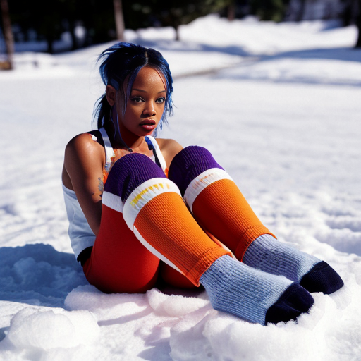 Rihanna orange tanktop belt blue short mini purple socks orange and white sneakers on a sitting Snow