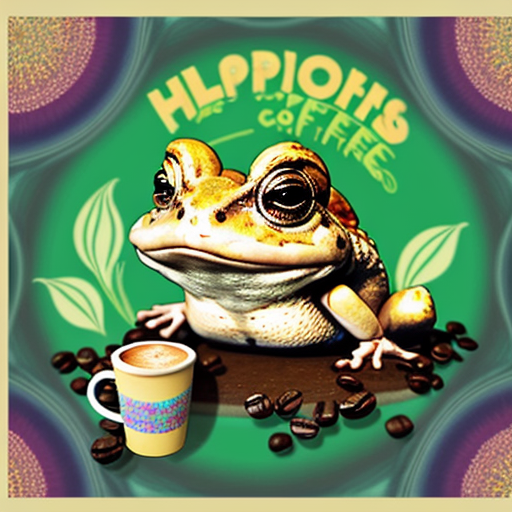 A hillarious, funny boho toad with some hippie colored coffee cups. Psychedelic decorated background.