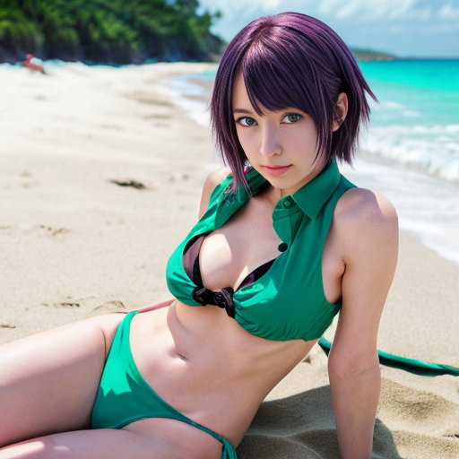 tall shiki ichinose idolmaster anime series blue eyes faded red wine hair+purple unbuttoned shirt+emerald beach bikini+resting on beach+medium distance zoomed 