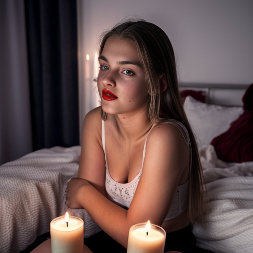 caucasian cute teen girl, skinr, , , seethrou, red lips, full body, b, sideview,, frontview, christmas, cmltoe, opening, nighttime, candles, young,looks at camera