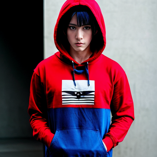 Super tuff nonchalant anime dude with a red shirt black hoodie and blue eyes