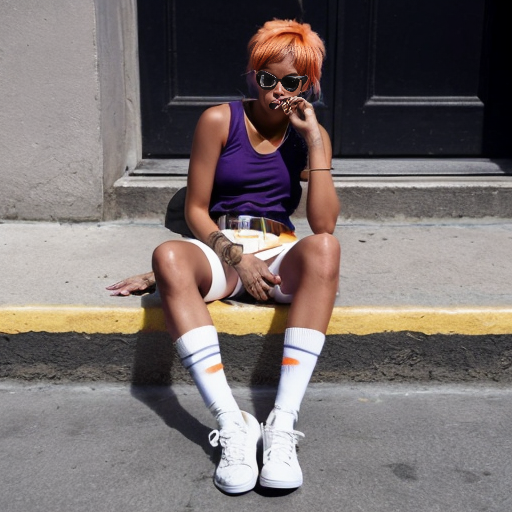 Rihanna orange tanktop belt blue short jeans purple socks orange and white sneakers on a sitting Cloud