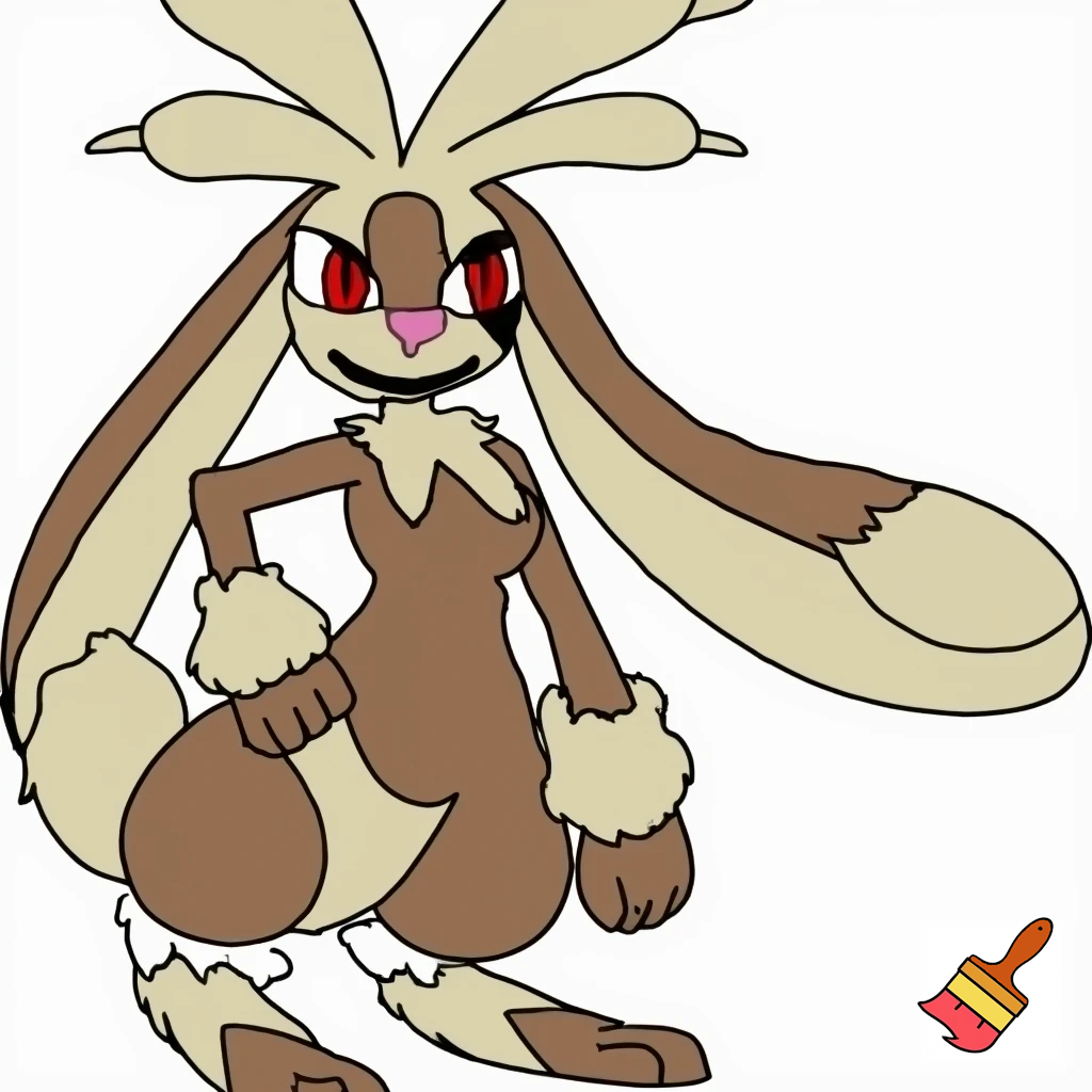 Lopunny is a graceful, anthromorphic bipedal rabbit Pokémon with a soft brown body, long, fluffy cream-colored fur on its ears, wrists, and lower legs, and distinctive large "eyebrow" tufts. It has red eyes with black markings, a small pink nose, and a short, round tail, often grooming its prominent ears and delivering powerful kicks Slender, half anthro girl humaniod rabbit-like, standing upright. tails sonic fusion