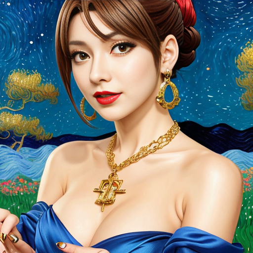 Generate an art-portrait of a young Latina woman. She wears a blue satin off-the-shoulder top, red lipstick. With jewellery: big golden necklace and great earrings with sapphires. The image has a background with gold flakes and gold leaf. Painting oil on canvas in the style of Vincent van Gogh. 