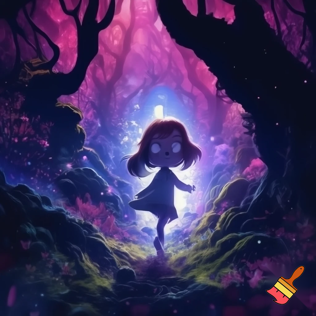 a girl entering a world in an enchanted forest blue, purple ,pink and ,black
 
a girl entering a world in an enchanted forest blue, purple ,pink and ,black
 
