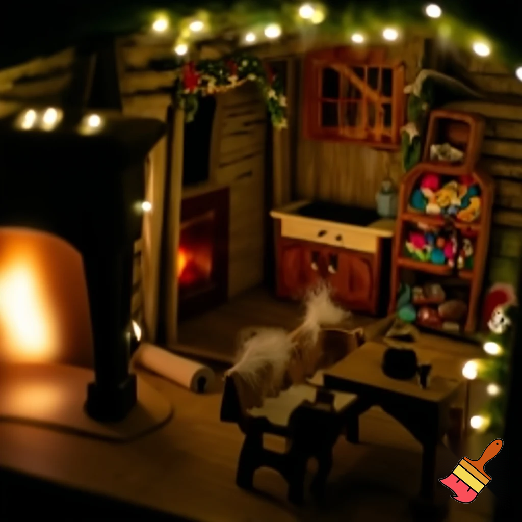 The inside of a small Christmas elf house. Visible chimney, kitchen, desk etc 