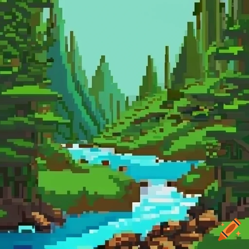 flowing river though green mountains pixel art