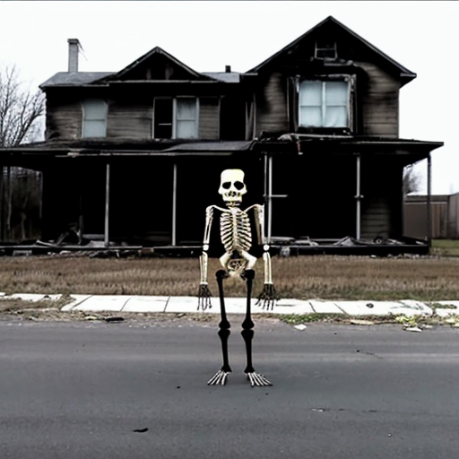 black skeleton standing outside an abandonded house, found footage quality, at midnight