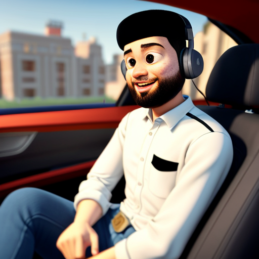 Pixar-style 3D cartoon, young Muslim man, 20 years old, beard, black jeans, white shirt, sitting in a car, holding phone to his ear, answering a call, relaxed pose, big expressive cartoon eyes, friendly smiling face, city visible through car windows in the background, bright colors, cinematic lighting, simple cartoon style