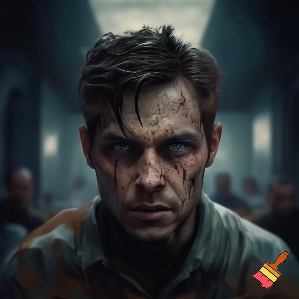 Portretul unui bărbat tânăr încă, cârciumar, fără urme de violență pe față, copleșit de vină, în boxa acuzaților, la propriul său proces. 