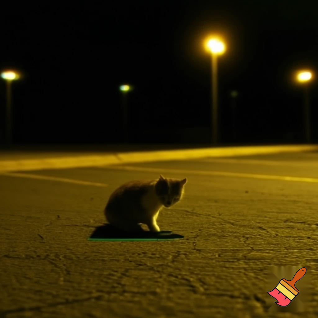 Photorealistic, handheld shot, in the style of a cellphone camera with a flash, an empty shopping mall parking lot at night,  streetlights in the background, a stray cat passing by in the foreground, chromatic aberration, tilt-shift effect