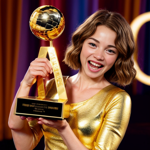 the emotion proud one person gold holding trophy Pixar cartoon style gold skin  happy pretty  gold face inside out movie