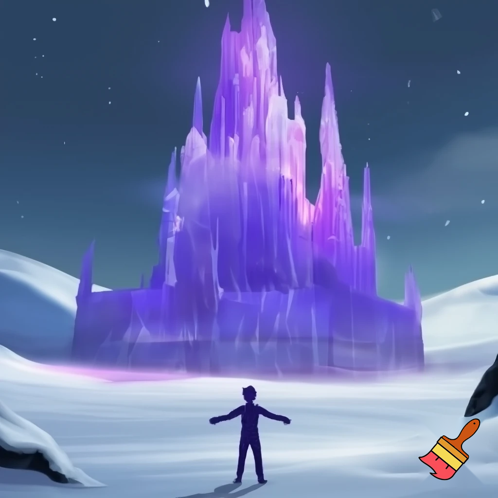 a giant purple castle made of ice rising from the snowy ground, floating above it, a silloughete of a boy with his hands outstretched, and his eyes glowing