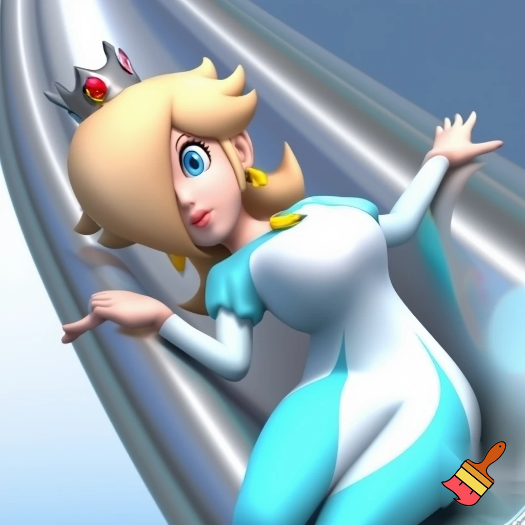 Rosalina from super mario wears a white and light blue tight outfit sliding through silver tubes
