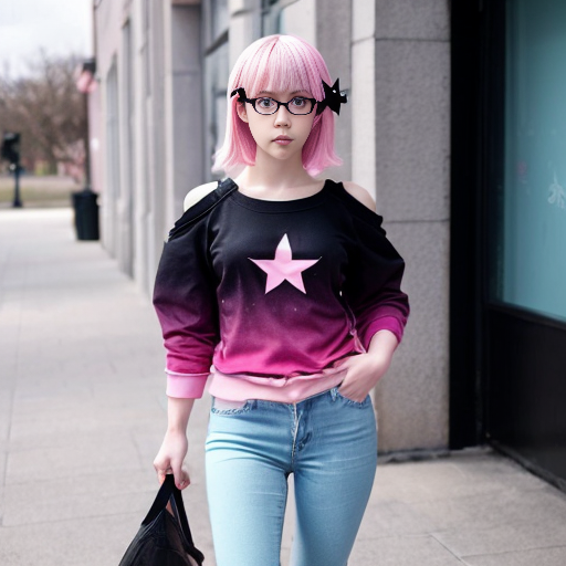 Make an anime girl with pink skin light blue jeans with black stars hair that is a gradient from black to pink but does not go past her shoulders and she also wears a link sweatshirt her eyes are pink her shoes are pink and she has black round glasses