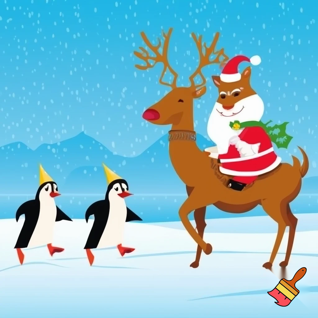Santa clause dressed as a cat riding a reindeer in the north pole and the reindeer is chasing penguins wearing tinfoil hats
