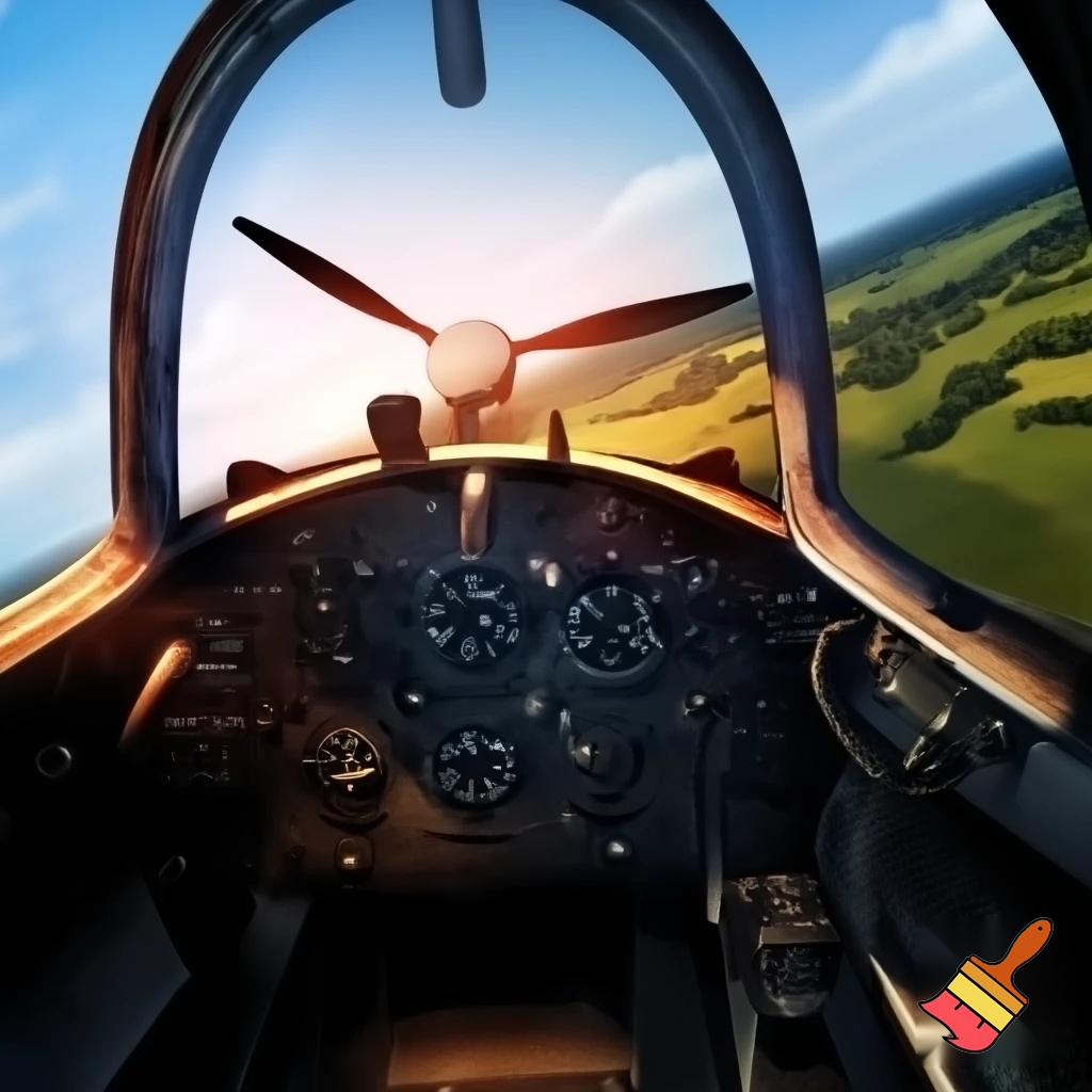 Messerschmitt instrument panel in front of a real messerschmitt bf 109 G6 with 3 propeller blads. Backround summer landscape somewhere europe during ww2