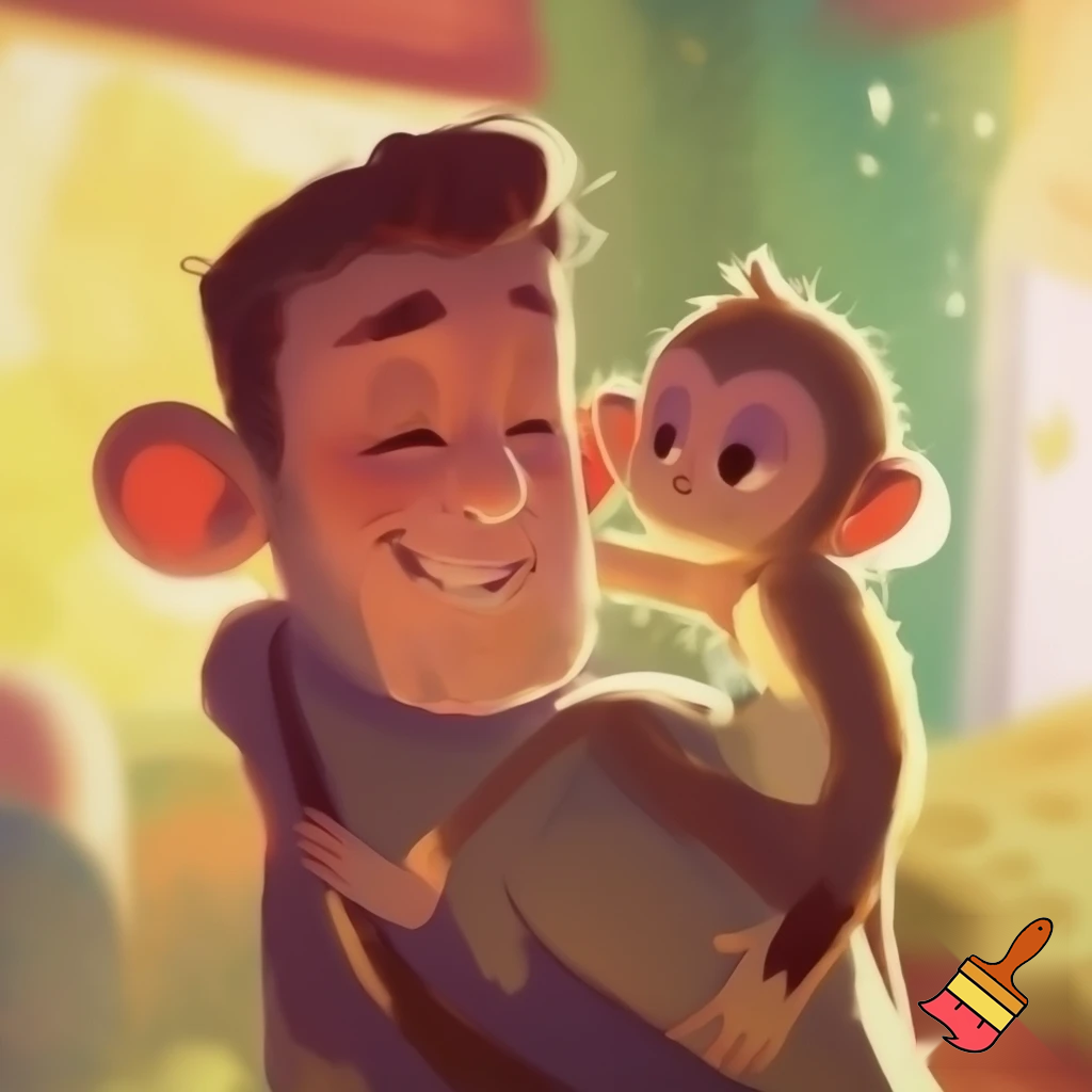 Cartoon man love his monkey 