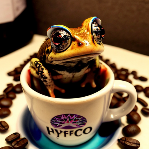 A hillarious, funny boho toad with some hippie colored coffee cups. Psychedelic decorated background, hyperrealistic. Close-up view.