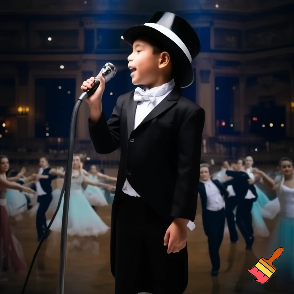 Preteen Boy in shiny Top Hat White Bowtie Black Tailcoat Black Shoes Singing in Microphone on a big Stage. Behind him Ballroom Dance Kid Couples Dancing, the Boys in formal stylish Tailcoats, the Girls in beautiful Ballroom Gowns