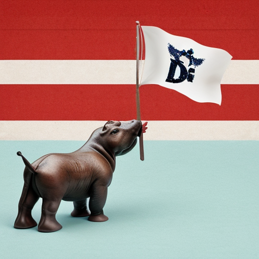 A tiny cute Yorkshire terrier waiving a flag with the letters DC riding a cute hippopotamus