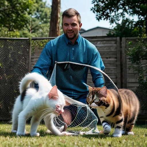 humain en train d'attraper des chats avec un filet
