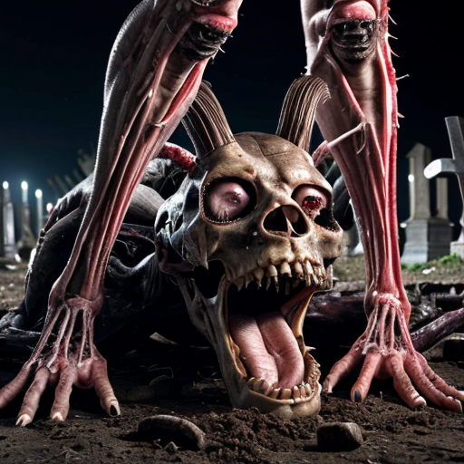 A photorealistic a moonlit cemetery torn apart by carnage, the ground slick with coagulating blood and chunks of unrecognizable viscera. At the center, a towering, skinless beast crouches over a mangled corpse, its exposed musculature glistening under the pale light, strands of sinew and torn ligaments dangling from its frame like macabre streamers. Its jagged, yellowed teeth gnash together as it lifts a severed arm to its lipless maw, blackened claws sinking into rotting flesh. Behind it, unearthed graves yawn open, their former occupants strewn in grotesque heaps—ribcages split wide, spinal cords unspooled like frayed rope. The air seems thick with the metallic stench of gore, and every twisted detail, from the beast's milky, pupil-less eyes to the way its tendons flex with each monstrous movement, is rendered in chilling photorealism.