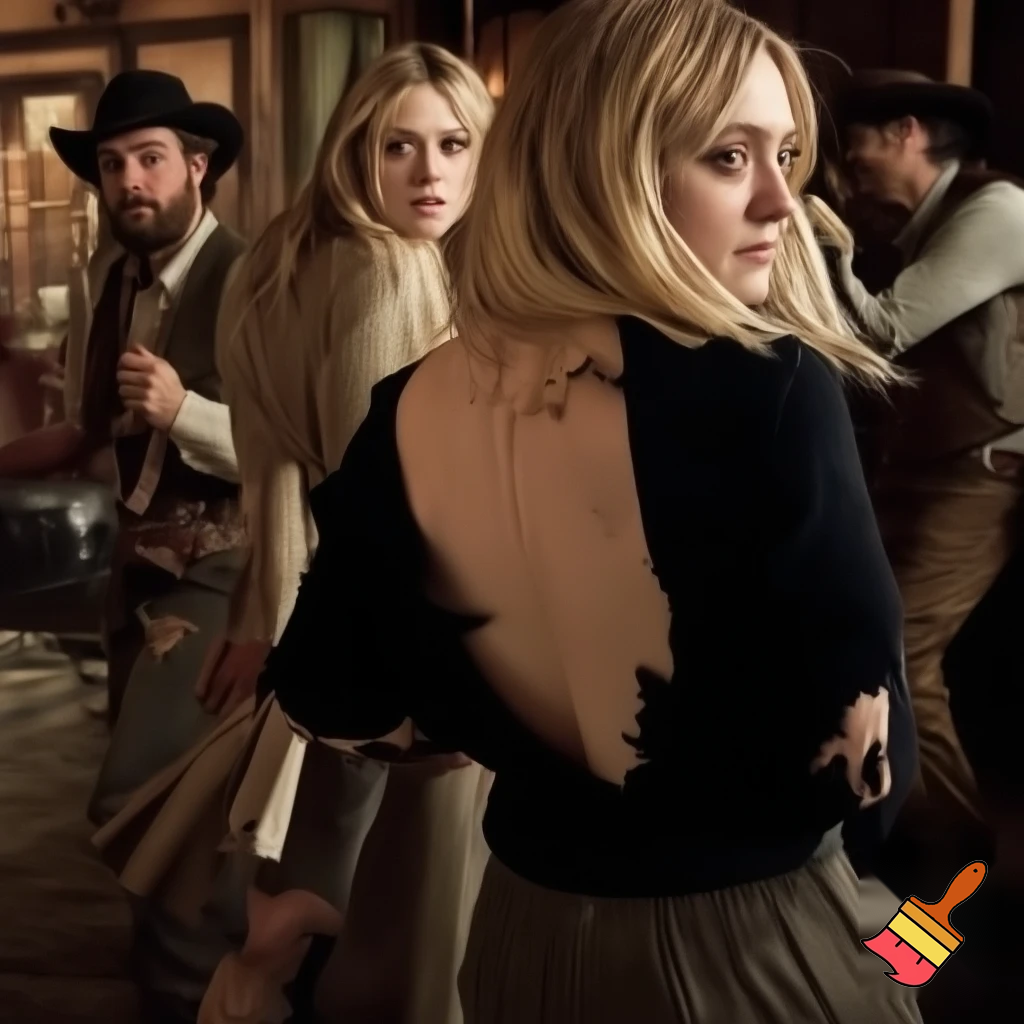 Dakota Fanning, various poses, torn clothes, wild west saloon scene, close up shot, breast exposed, walking looking over her shoulder 