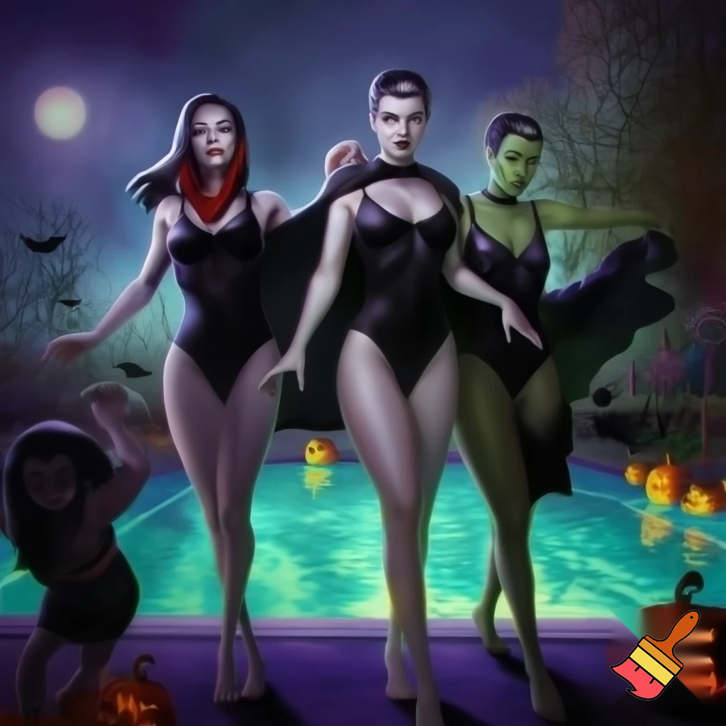 vampire queen Frankenstein's wife and the she wolf are wearing Halloween black one piece swim suits with swim caps and they r walking to the pool


