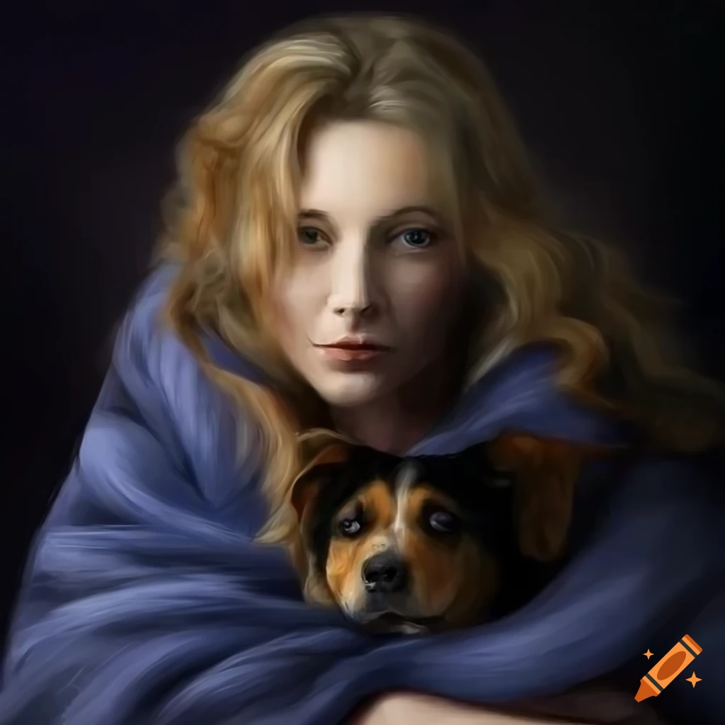 A gentle woman with flowing hair cradles a rescued dog in blanket tenderly. Detailed. Photorealism. Da Vinci style