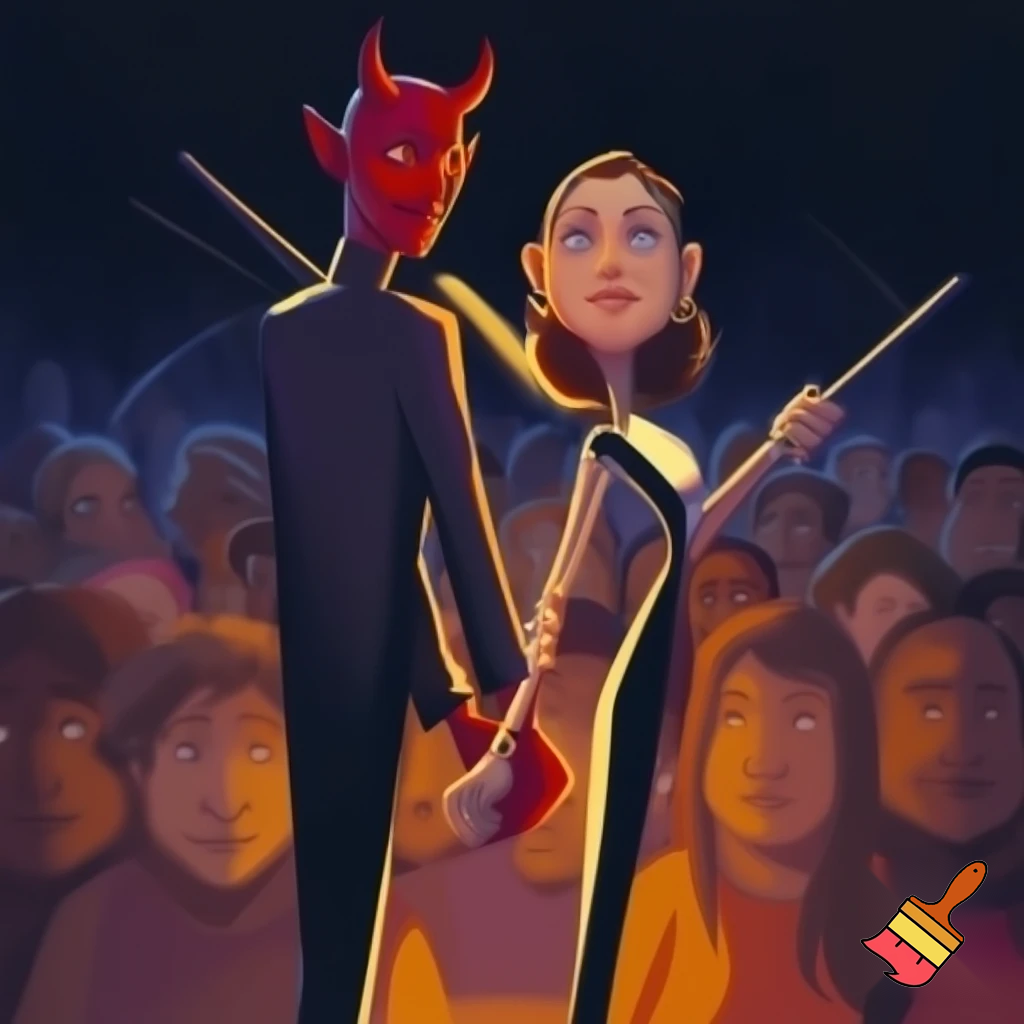 claudia sheinbaum holding hands with the devil and smiling, full body, and deep down people smiling with long weapons